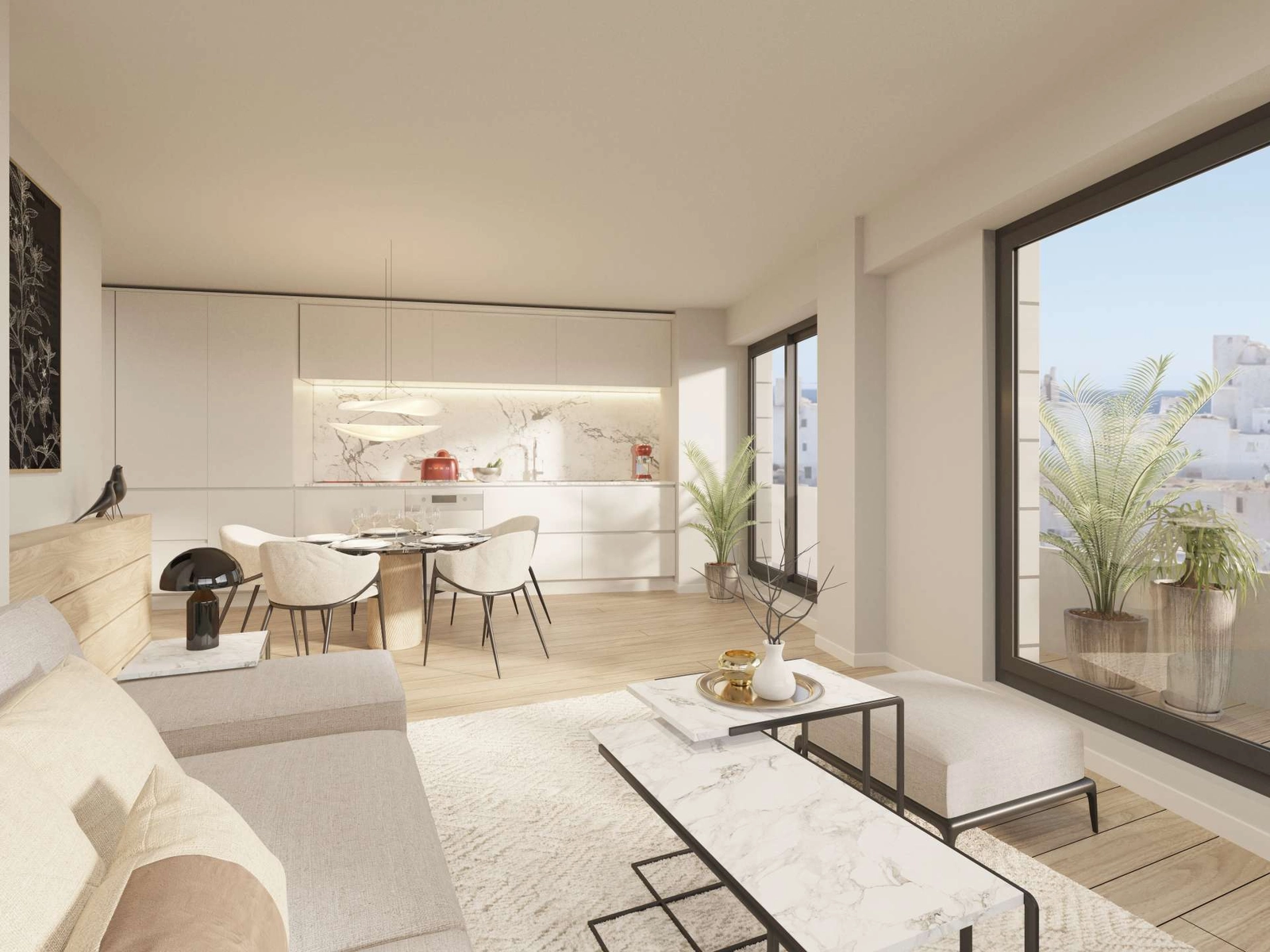 La moderna cocina está perfectamente integrada en el salón, equipada con electrodomésticos y acabados de alta calidad.