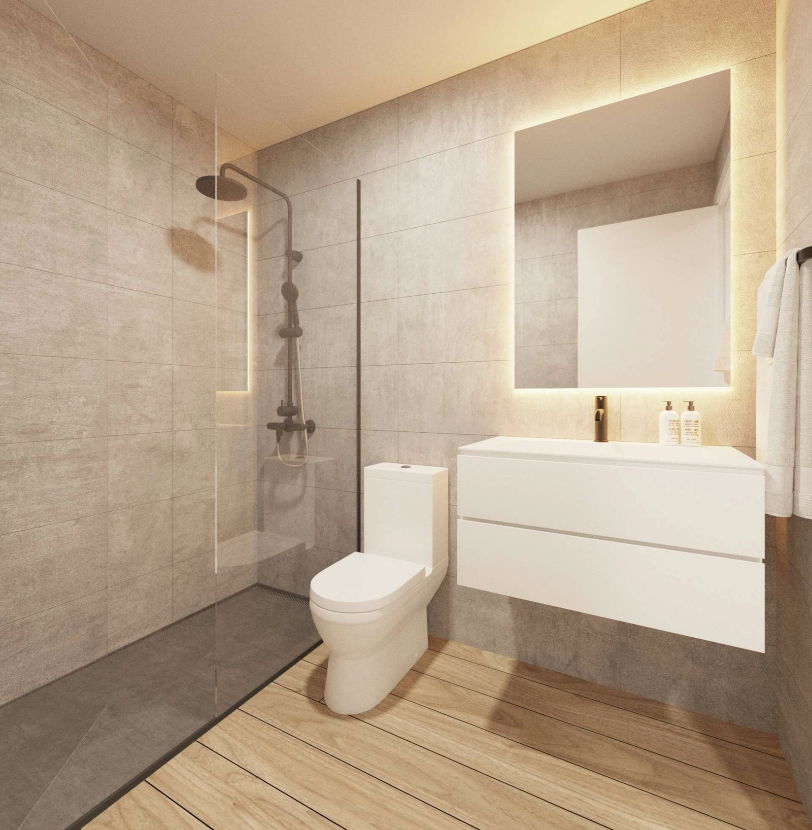 Un baño contemporáneo con materiales de alta calidad, ducha a ras de suelo y un diseño elegante.