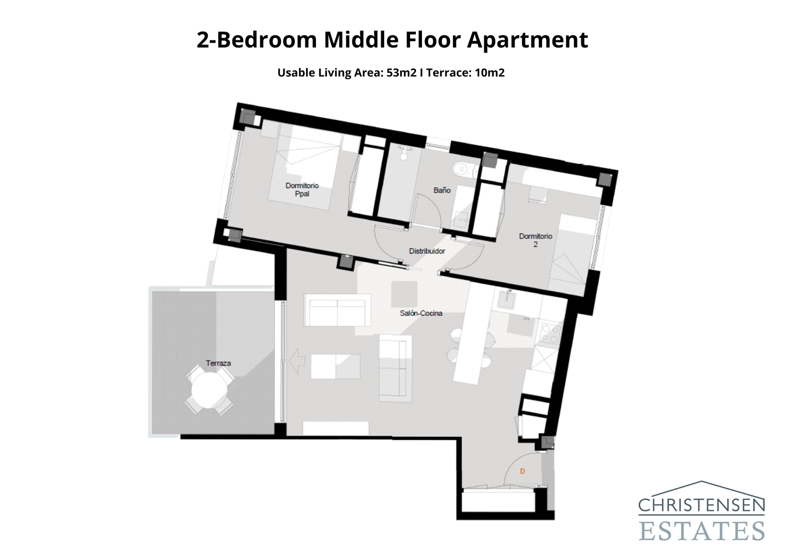 Este plano de apartamento de dos dormitorios presenta un diseño eficiente, combinando las zonas de salón, comedor y cocina con una terraza privada.