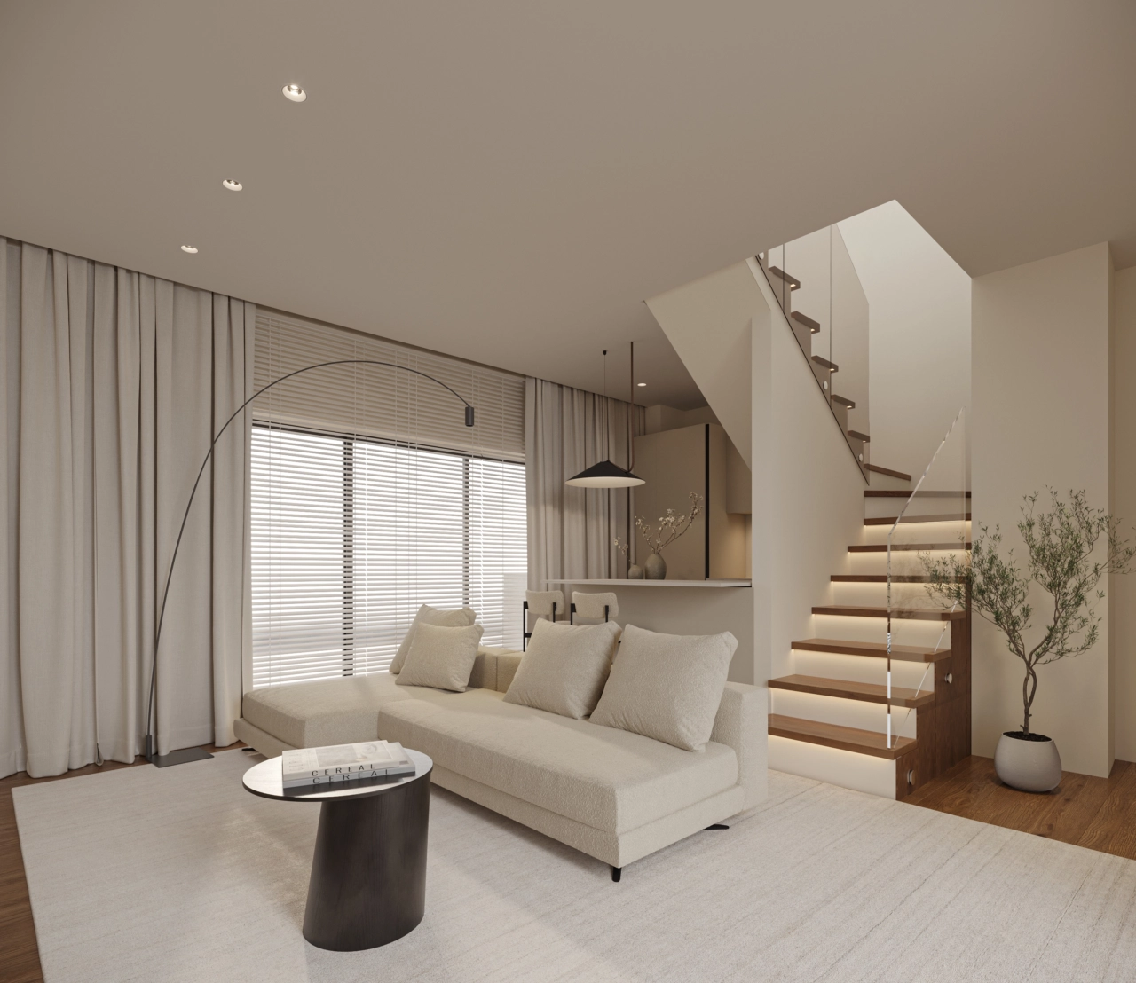 Elegante espacio de salón dúplex con una moderna escalera, que combina funcionalidad con un diseño sofisticado.