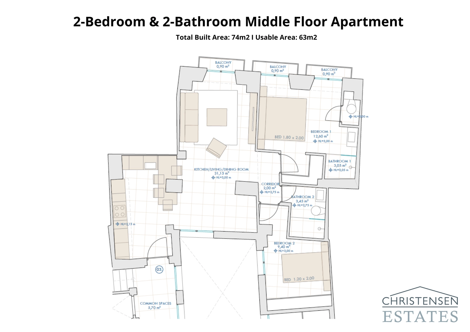 Plano del apartamento de dos habitaciones en planta intermedia, que muestra un espacio bien distribuido con balcones privados.
