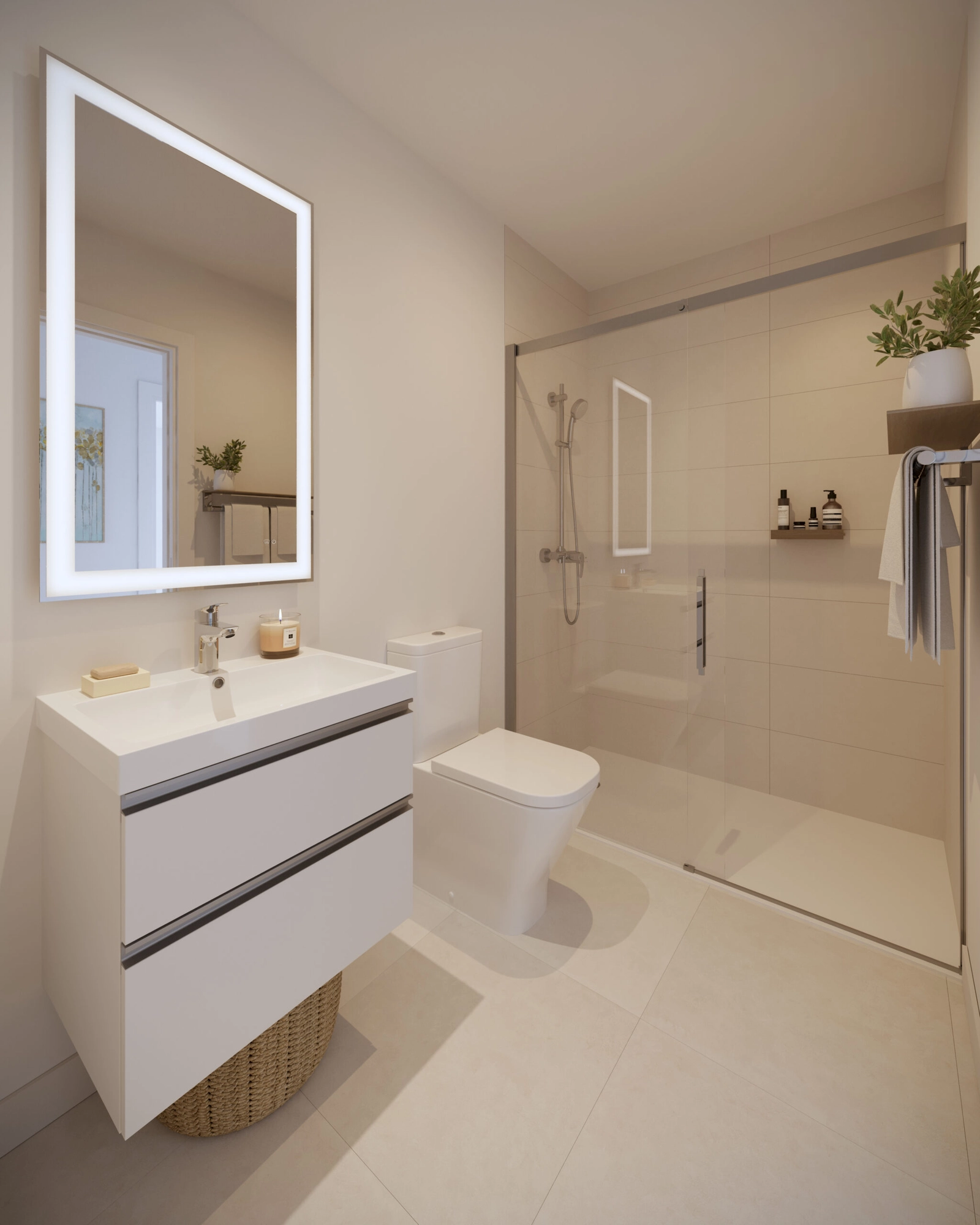 Un cuarto de baño contemporáneo con accesorios de alta calidad y un diseño limpio y fresco.