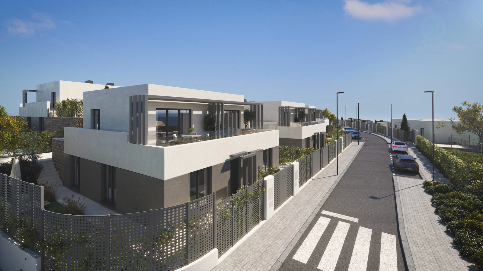 El diseño contemporáneo y las líneas elegantes definen el exterior de estos exclusivos chalets adosados.