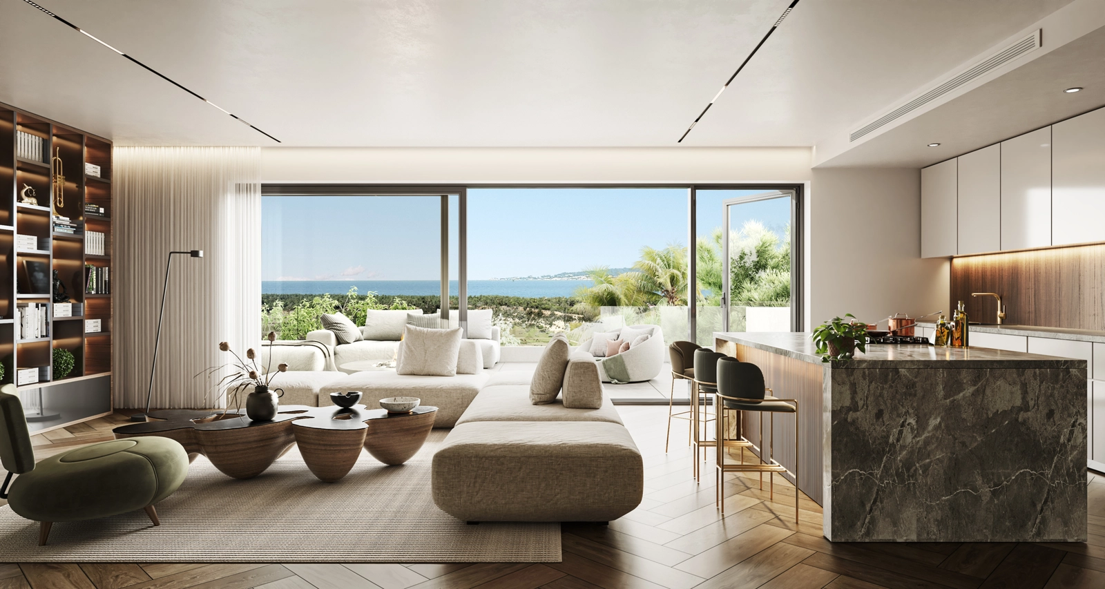 Una vista aérea que muestra la ubicación privilegiada del desarrollo, enclavado entre campos de golf verdes y el mar azul.