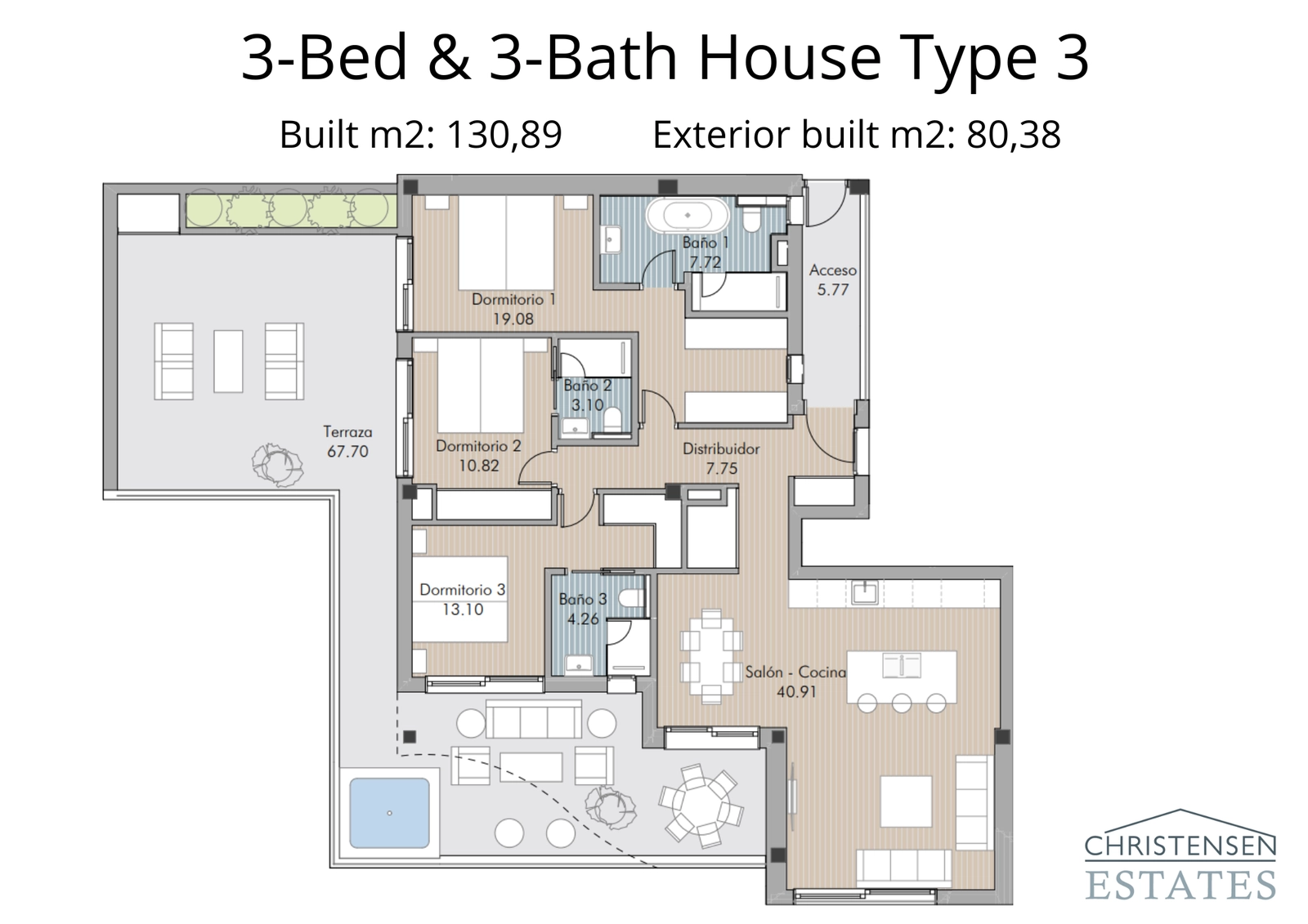 Una distribución de apartamento espaciosa de tres dormitorios, que muestra amplias zonas de estar y una gran terraza para disfrutar del clima.