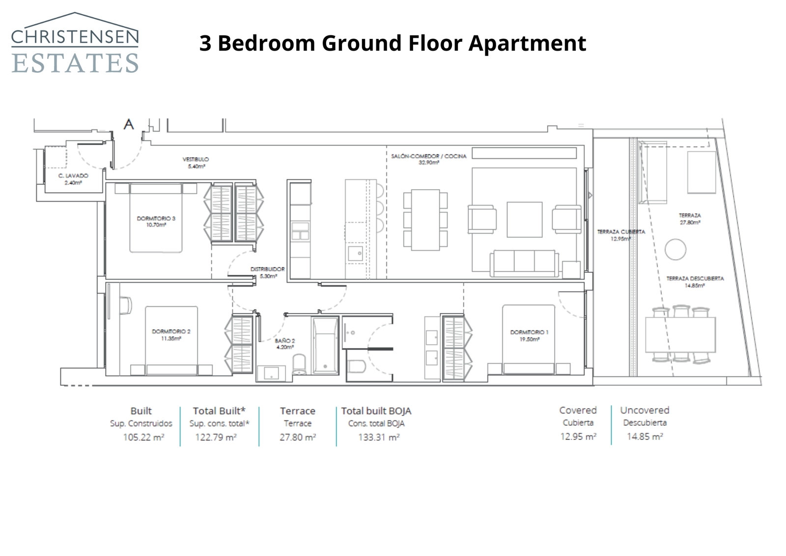 Este plano de planta baja de tres dormitorios muestra interiores espaciosos que se abren a una generosa terraza y zona de jardín.