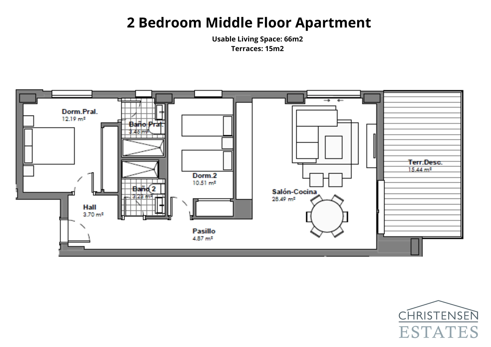 Este plano de dos habitaciones muestra un diseño inteligente con una zona de día de planta abierta que se conecta a una amplia terraza privada.