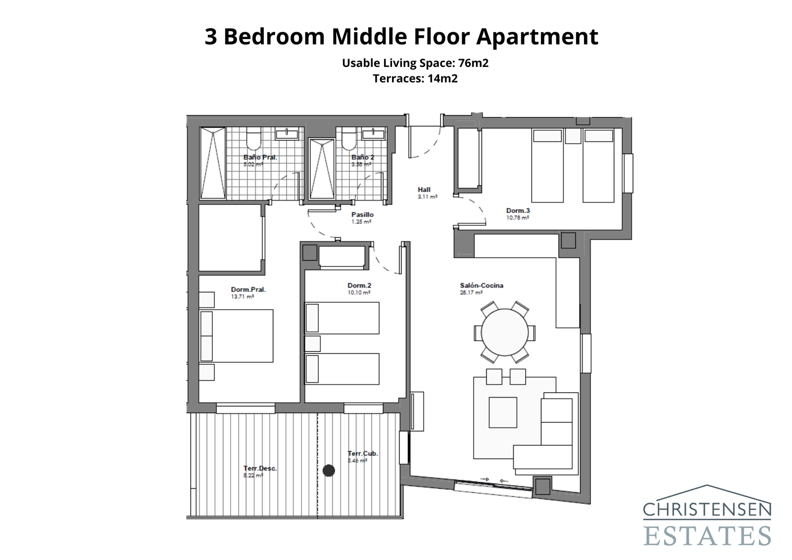 Una espaciosa vivienda de tres habitaciones, cuidadosamente diseñada para el confort familiar con un espacio de vida bien definido que se abre a una terraza.