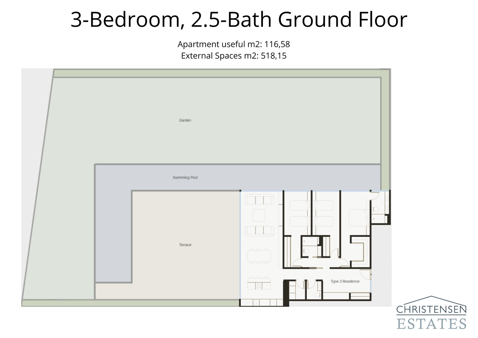 Esta espaciosa residencia de tres dormitorios en planta baja cuenta con un jardín privado y una zona de piscina excepcionalmente grandes, perfectos para la máxima privacidad y entretenimiento.