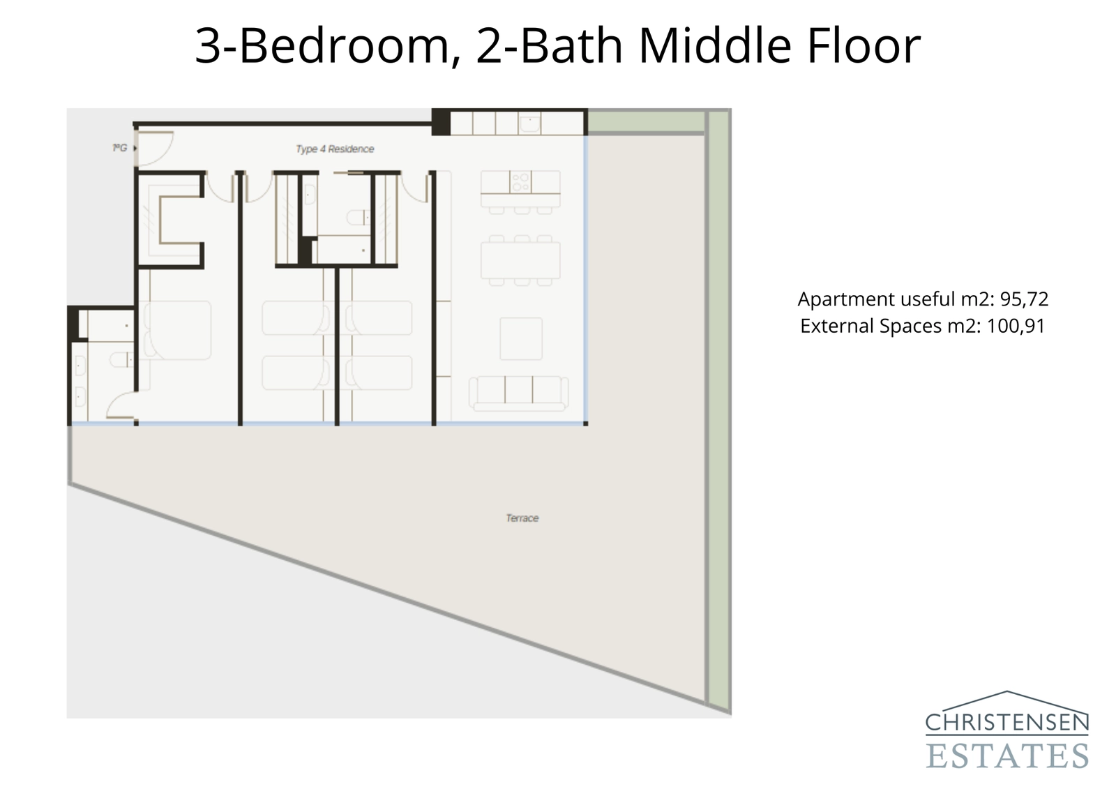 La distribución de esta vivienda de tres dormitorios enfatiza la vida de planta abierta con una generosa terraza en esquina para maximizar las vistas y el disfrute al aire libre.