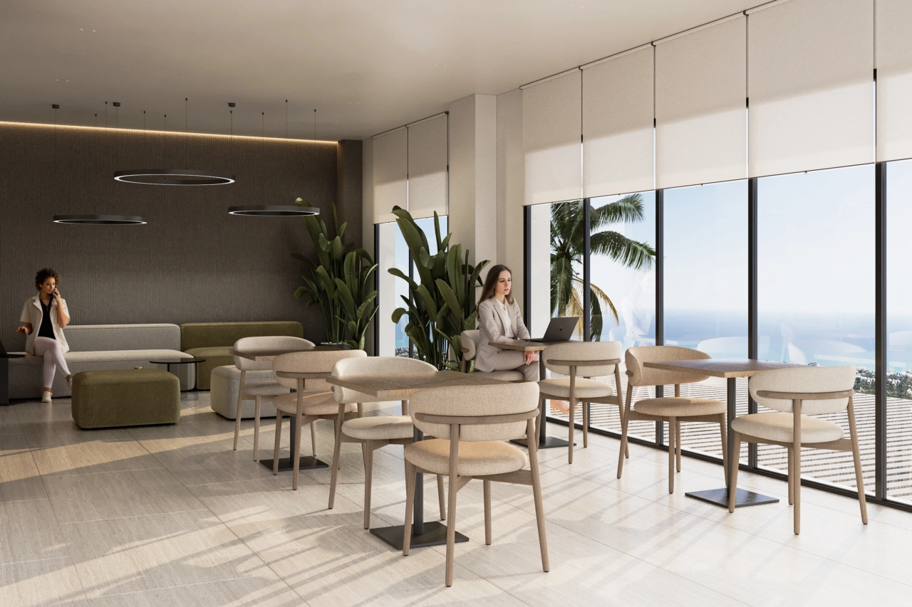 Un moderno espacio de co-working para que los residentes trabajen o celebren reuniones en un entorno profesional.