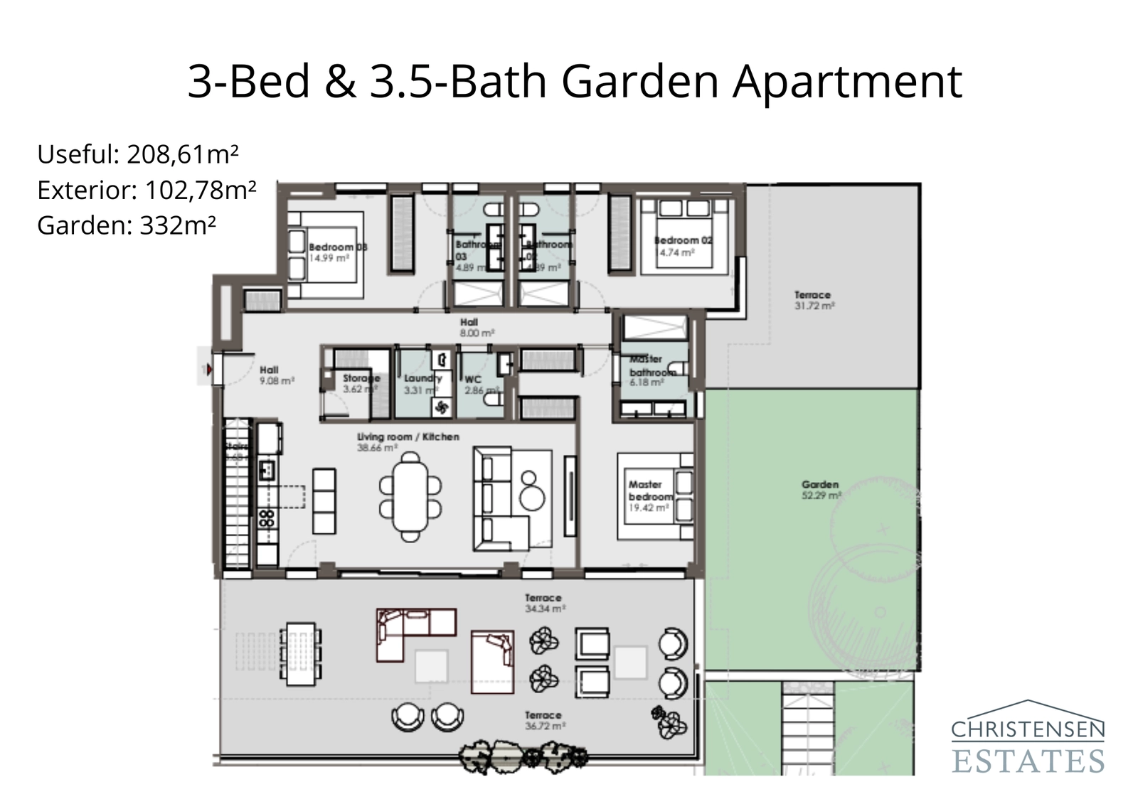 Un espacioso plano de piso de tres dormitorios en planta baja que cuenta con amplias terrazas y un gran jardín privado, creando una verdadera sensación de villa.
