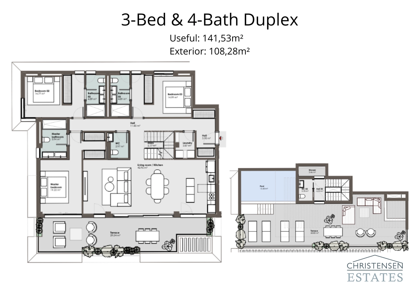 Este plano de dúplex destaca un diseño de varios niveles con dormitorios privados y una impresionante terraza en la azotea con piscina.