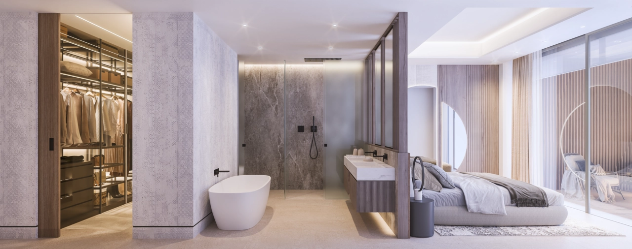 La suite principal es un santuario de confort y estilo, completa con un baño de concepto abierto y un vestidor.