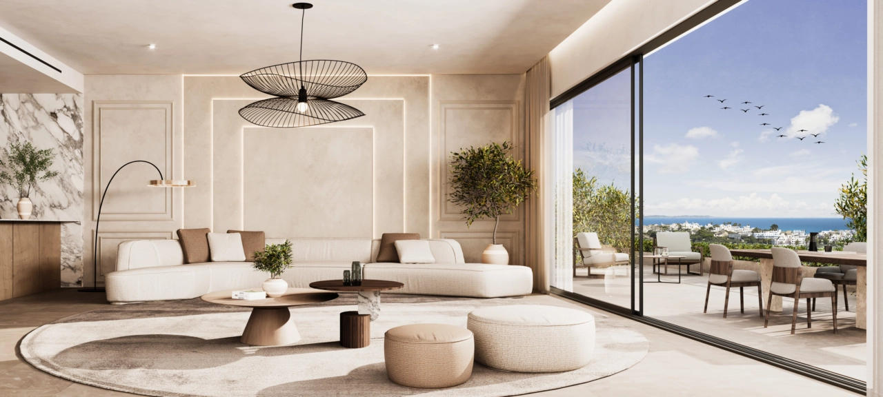 Elegantes salones que se conectan a la perfección con el exterior.