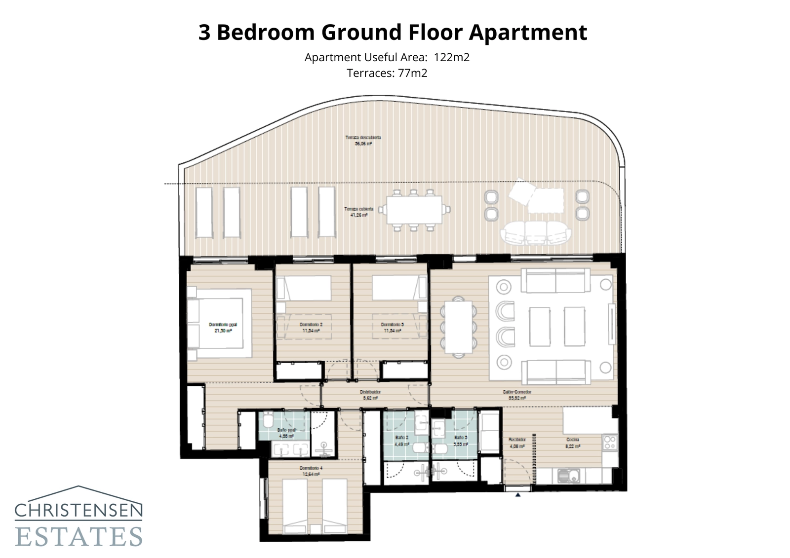 Esta distribución de piso de tres dormitorios en planta baja ofrece amplias zonas de estar que se abren directamente a una gran terraza y jardín privado.