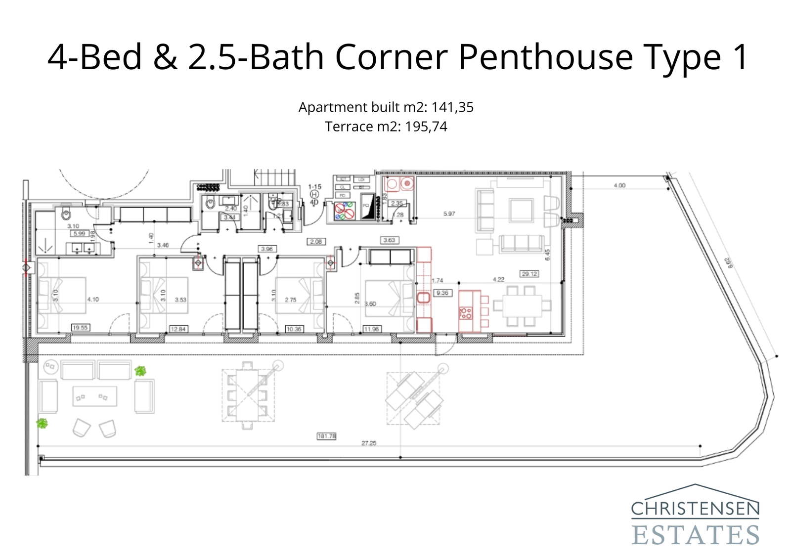 Distribución de ático de esquina de 4 dormitorios con una amplia terraza de 195 m², ideal para el entretenimiento y para disfrutar de las vistas.