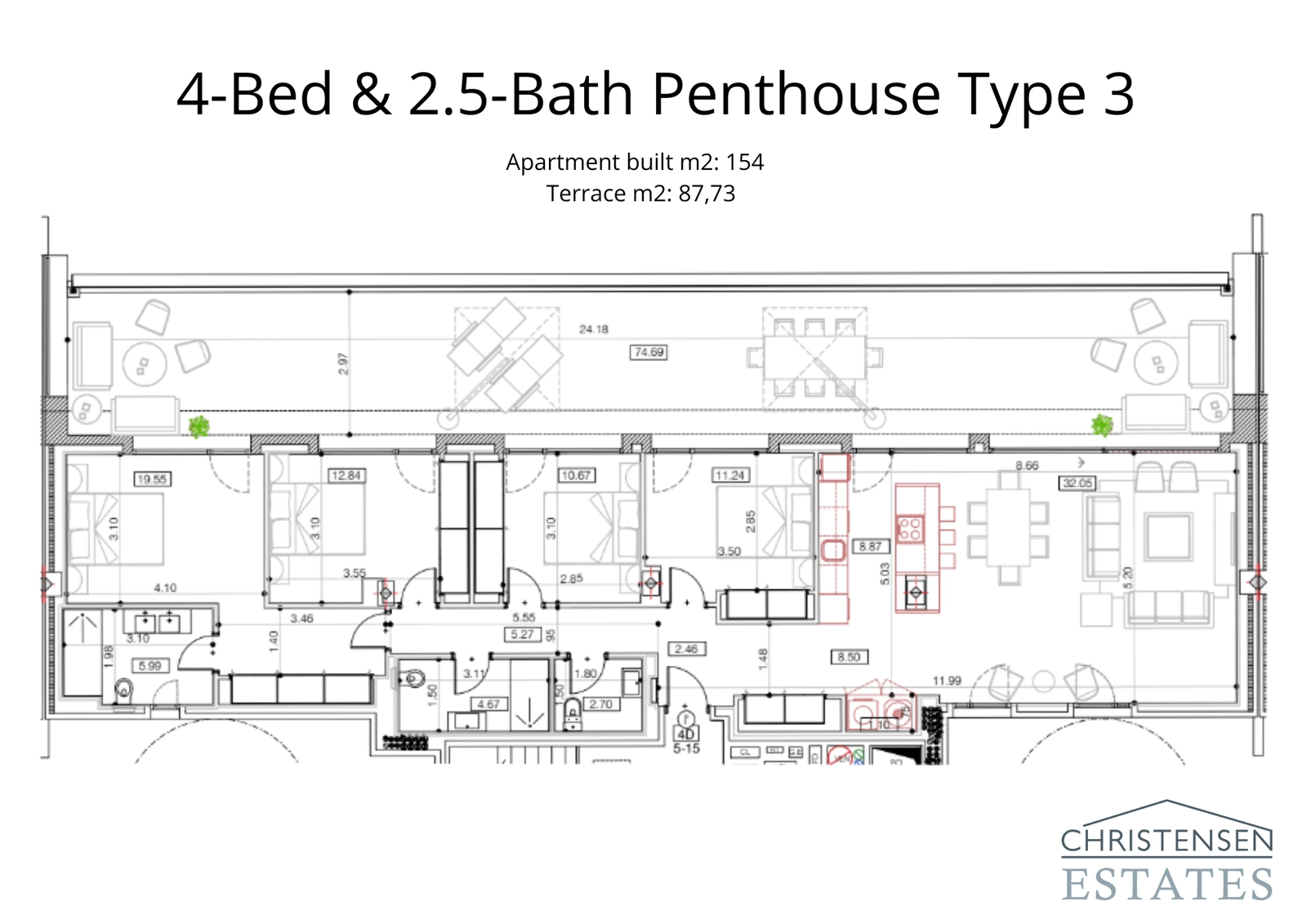 Una elegante configuración de ático de 4 dormitorios de 154 m² que ofrece una distribución cómoda y una terraza de 87 m² para la vida al aire libre.