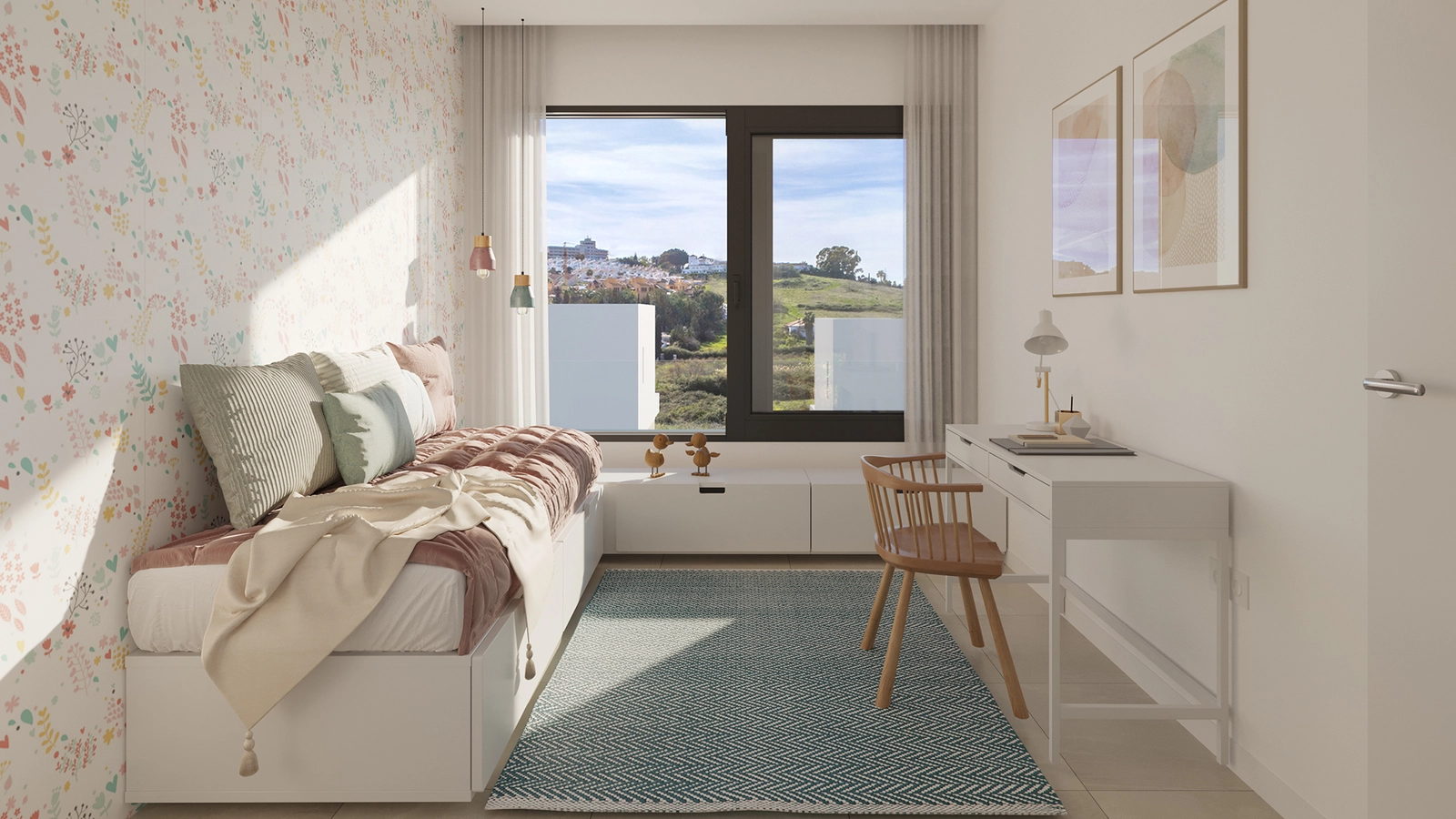 Un dormitorio encantador y versátil que puede personalizarse para niños, invitados o como despacho.