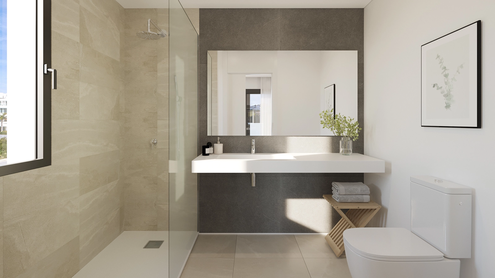 Un baño elegante y contemporáneo con materiales de alta calidad y un diseño limpio y moderno.