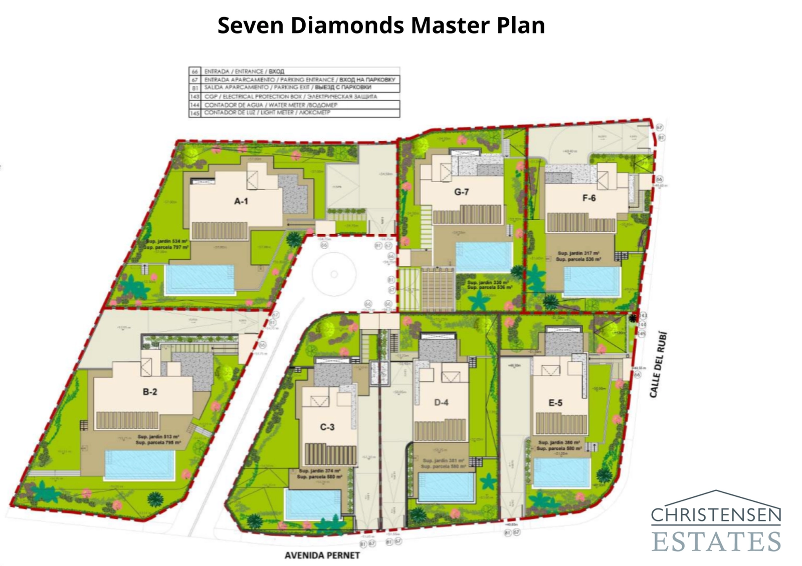 El plano general de la promoción, que ilustra la distribución exclusiva y privada de los siete chalets únicos y sus parcelas.