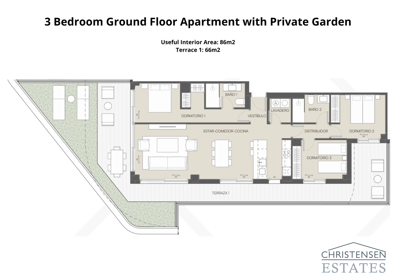 Piso en planta baja de tres dormitorios con una distribución espaciosa que conecta con una generosa terraza y jardín privado.