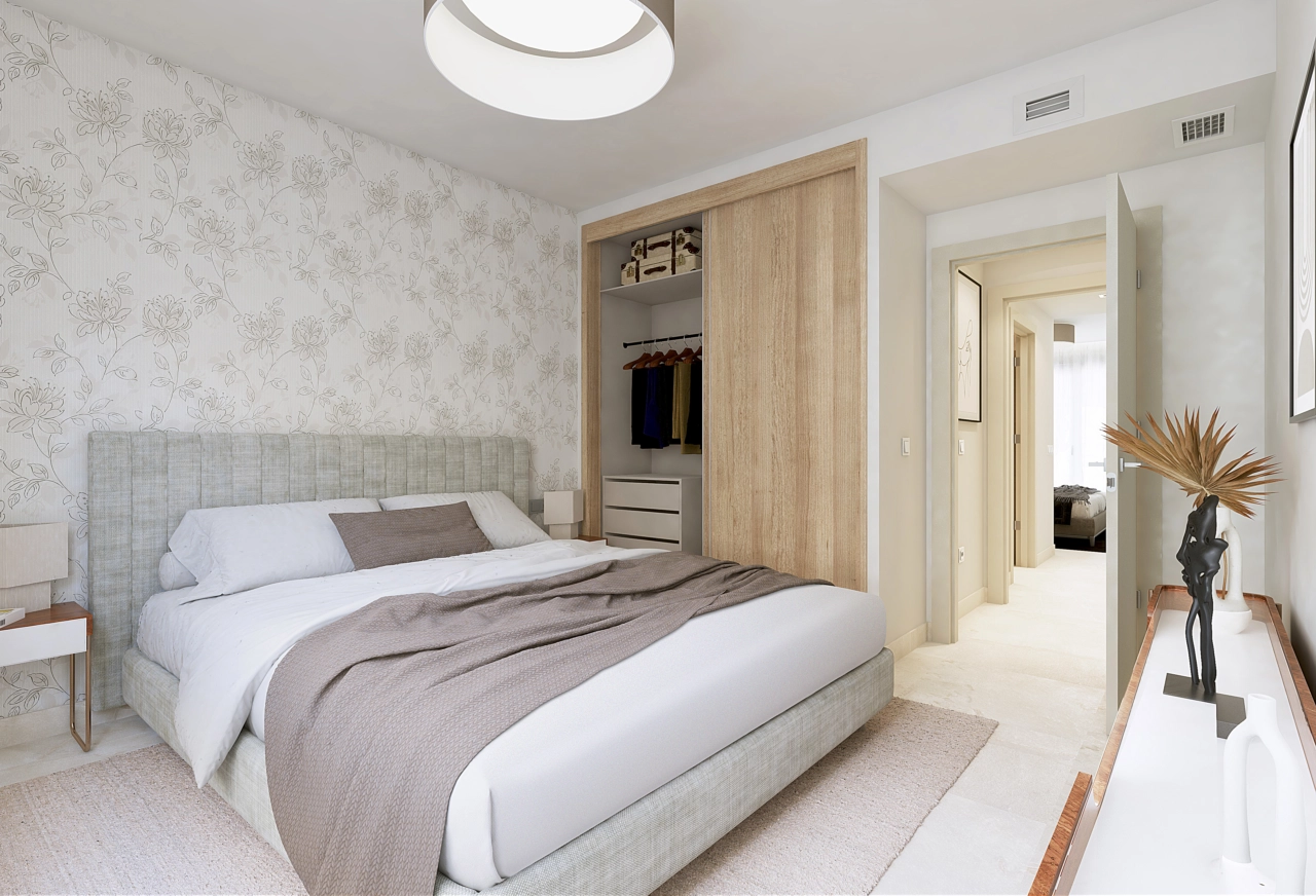 El dormitorio principal ofrece un refugio tranquilo con amplio espacio de almacenamiento y toques de diseño sofisticados.