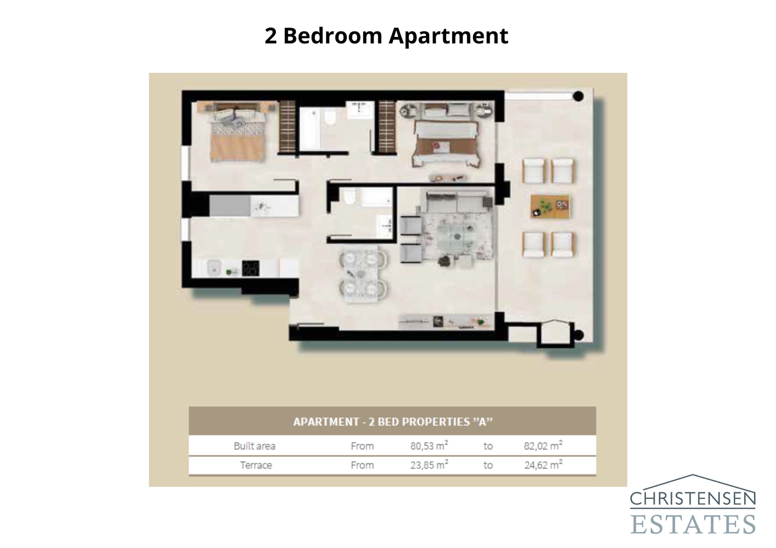 La distribución de este apartamento de dos dormitorios ofrece un diseño práctico y abierto, conectando el salón con una generosa terraza, ideal para disfrutar del aire libre.