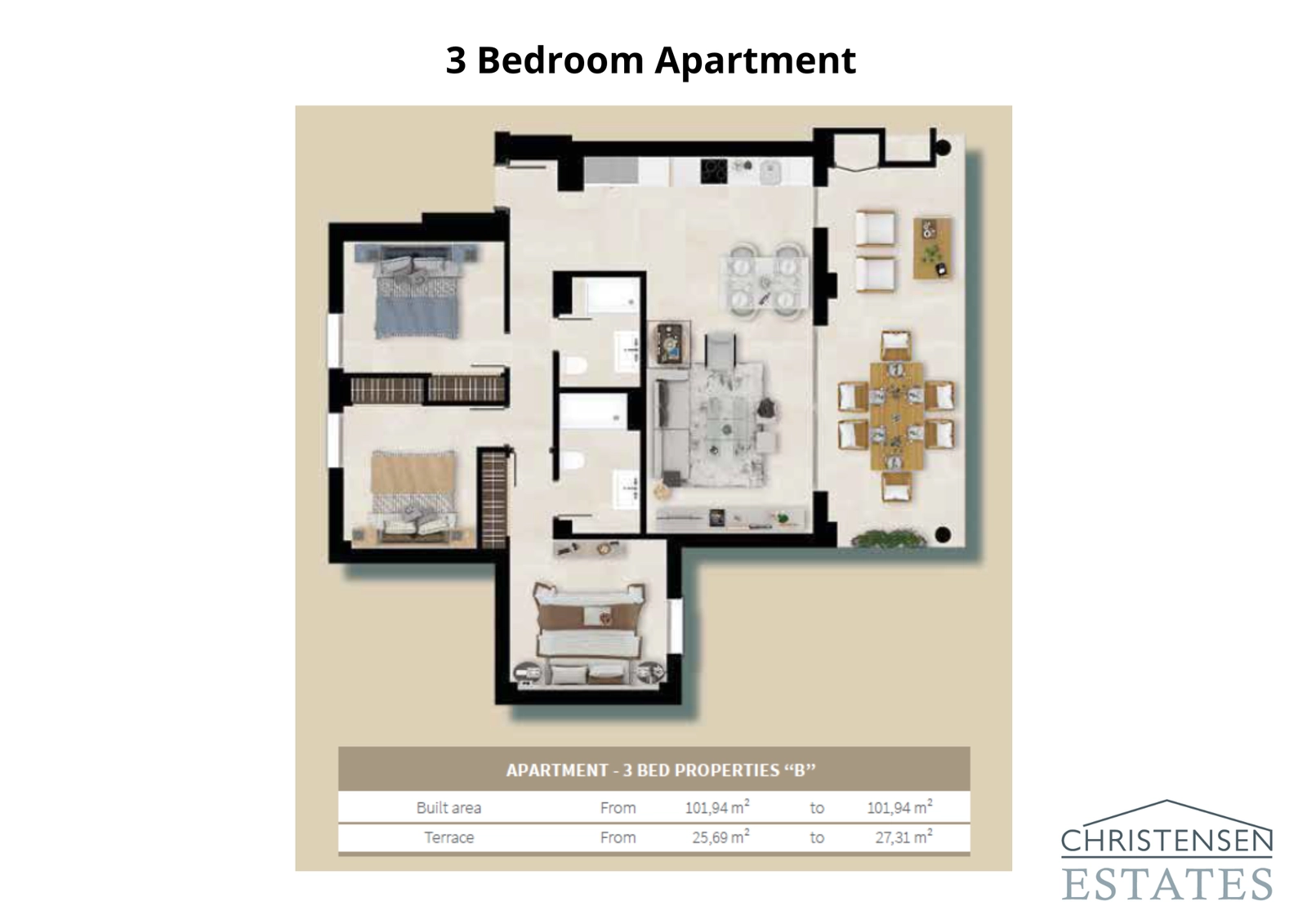 La cuidada distribución de esta vivienda de tres dormitorios maximiza el espacio y la luz natural, proporcionando un ambiente confortable para las familias.