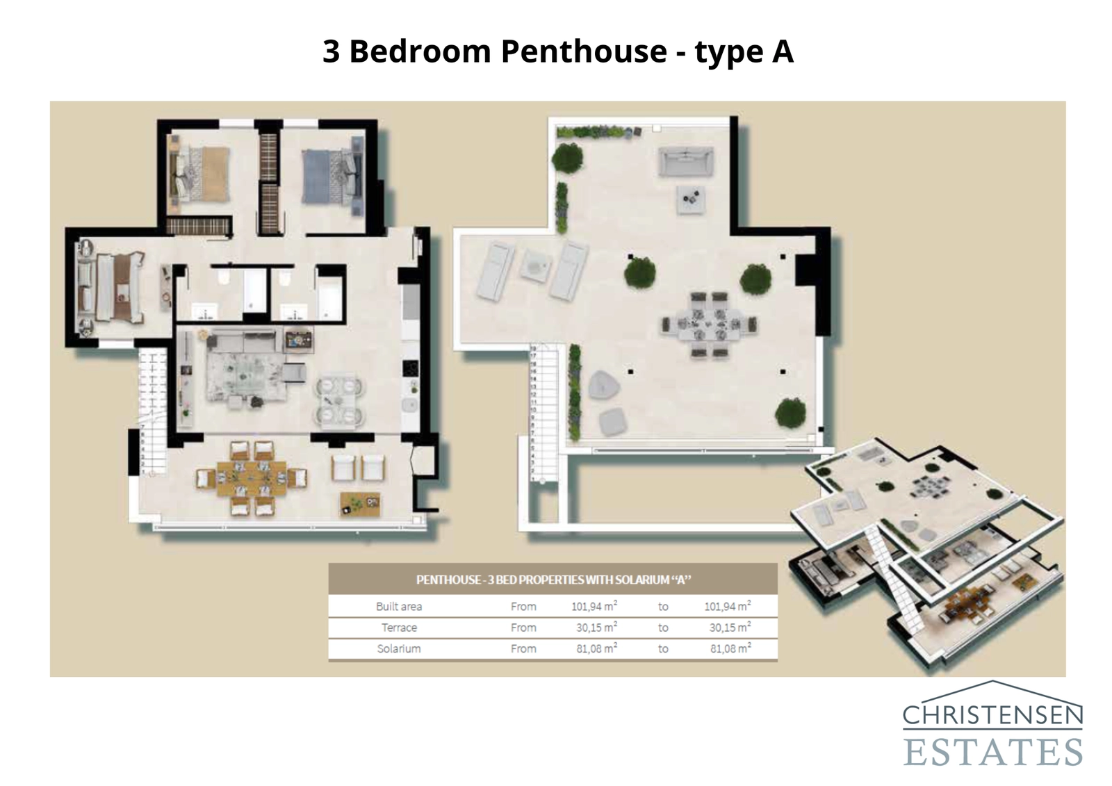 Explore la distribución de este excepcional ático de tres dormitorios, completo con un amplio solárium en la azotea para tomar el sol en privado y entretenerse con vistas panorámicas.