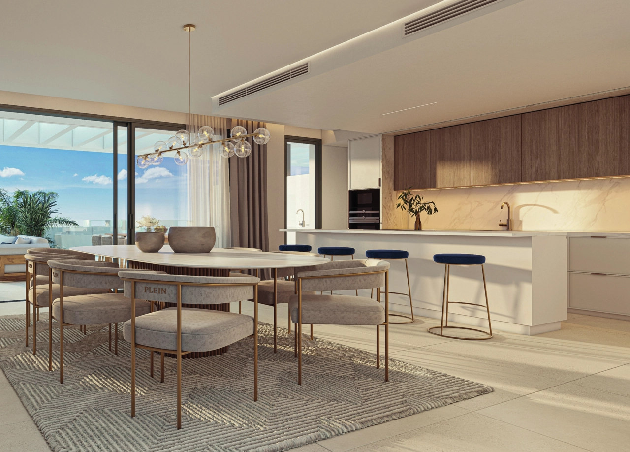 Una zona de estar de planta abierta que combina confort y estilo, con acceso al exterior.