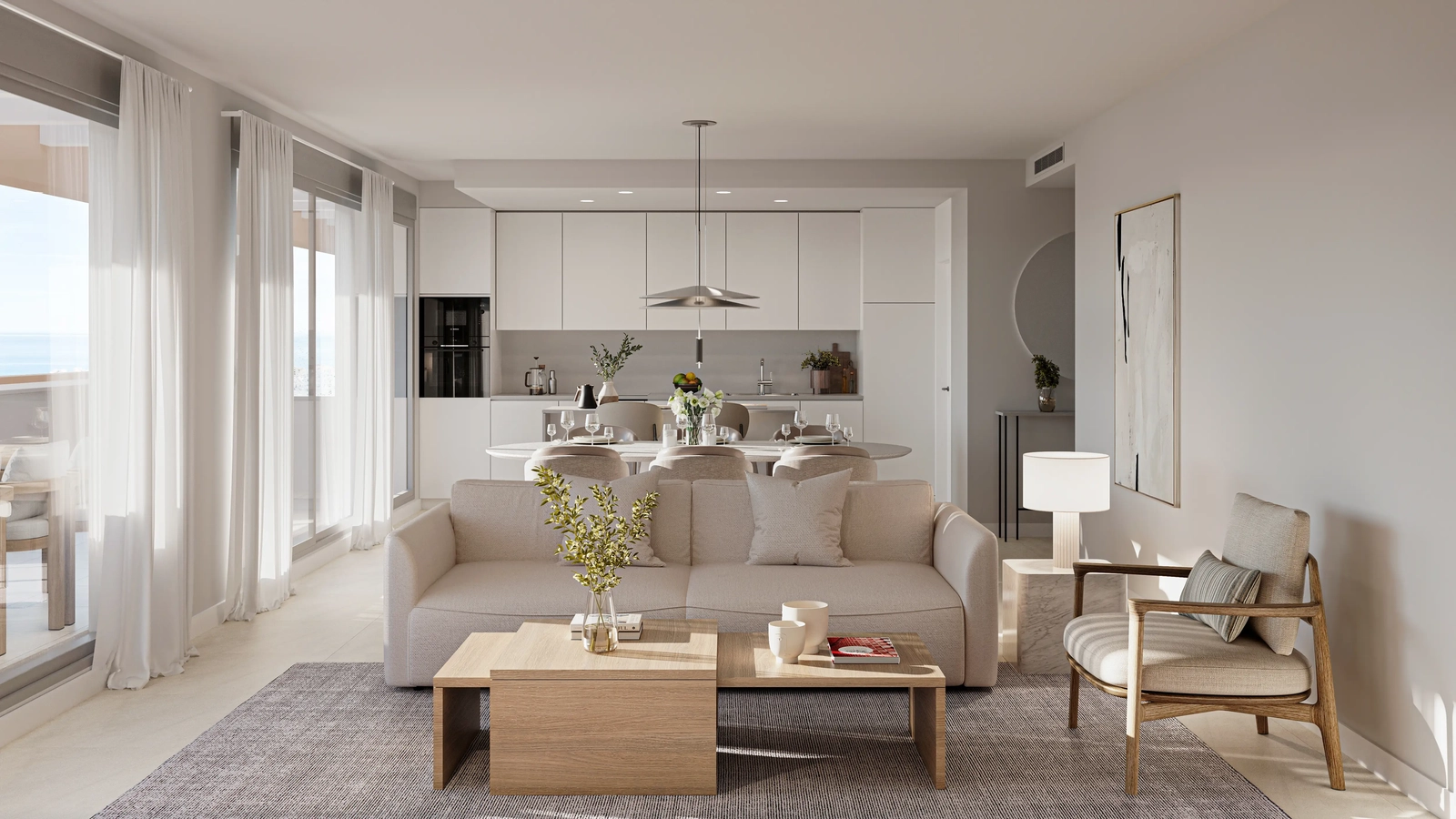 Luminoso y amplio salón de planta abierta, con conexión directa al exterior.