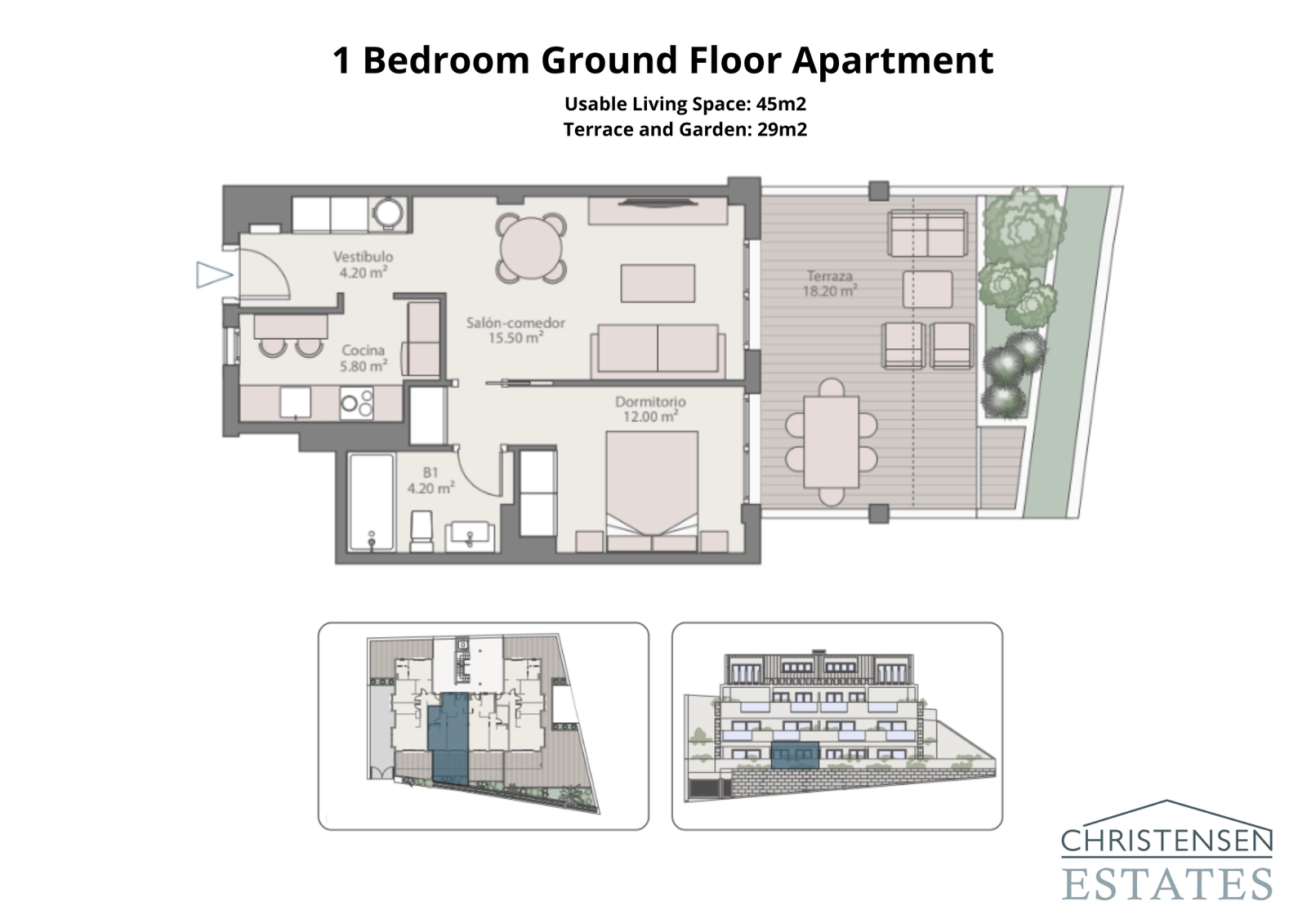 Este plano de piso de un dormitorio en planta baja ofrece un diseño inteligente, conectando la zona de día con una terraza y jardín privados.