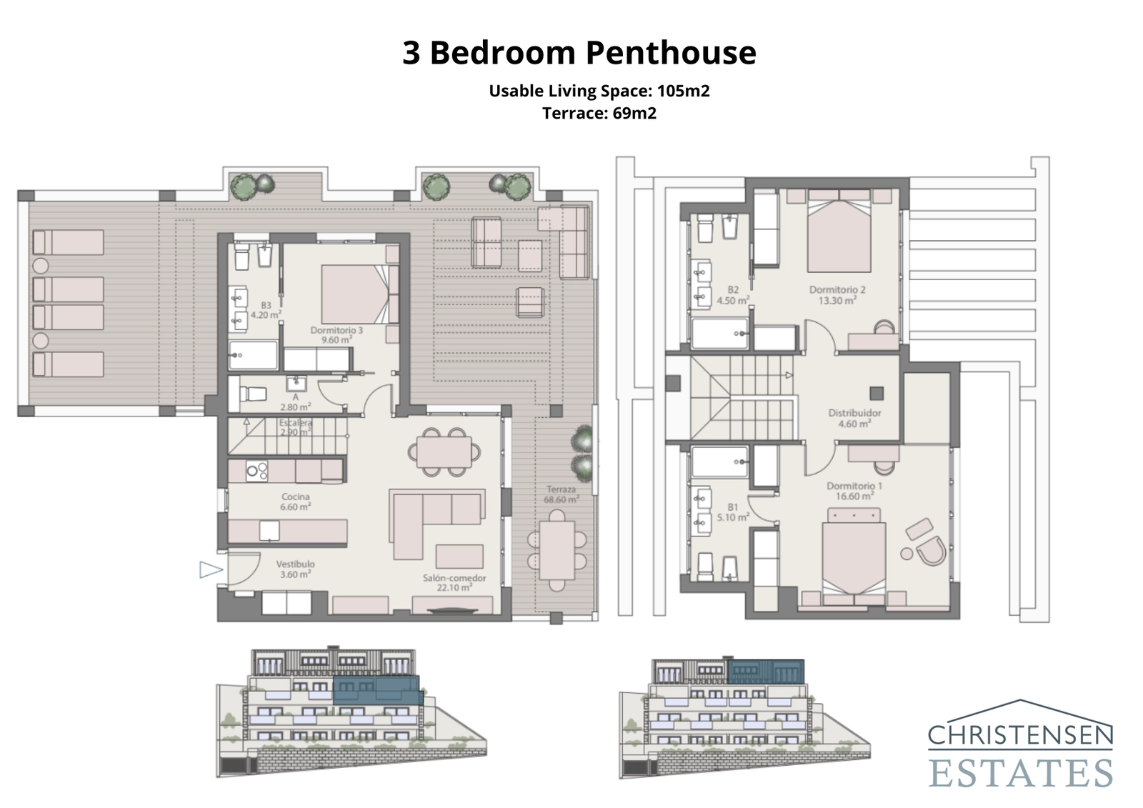 El excepcional plano de ático dúplex de tres dormitorios, con amplias terrazas para disfrutar de las vistas panorámicas de la Costa del Sol.