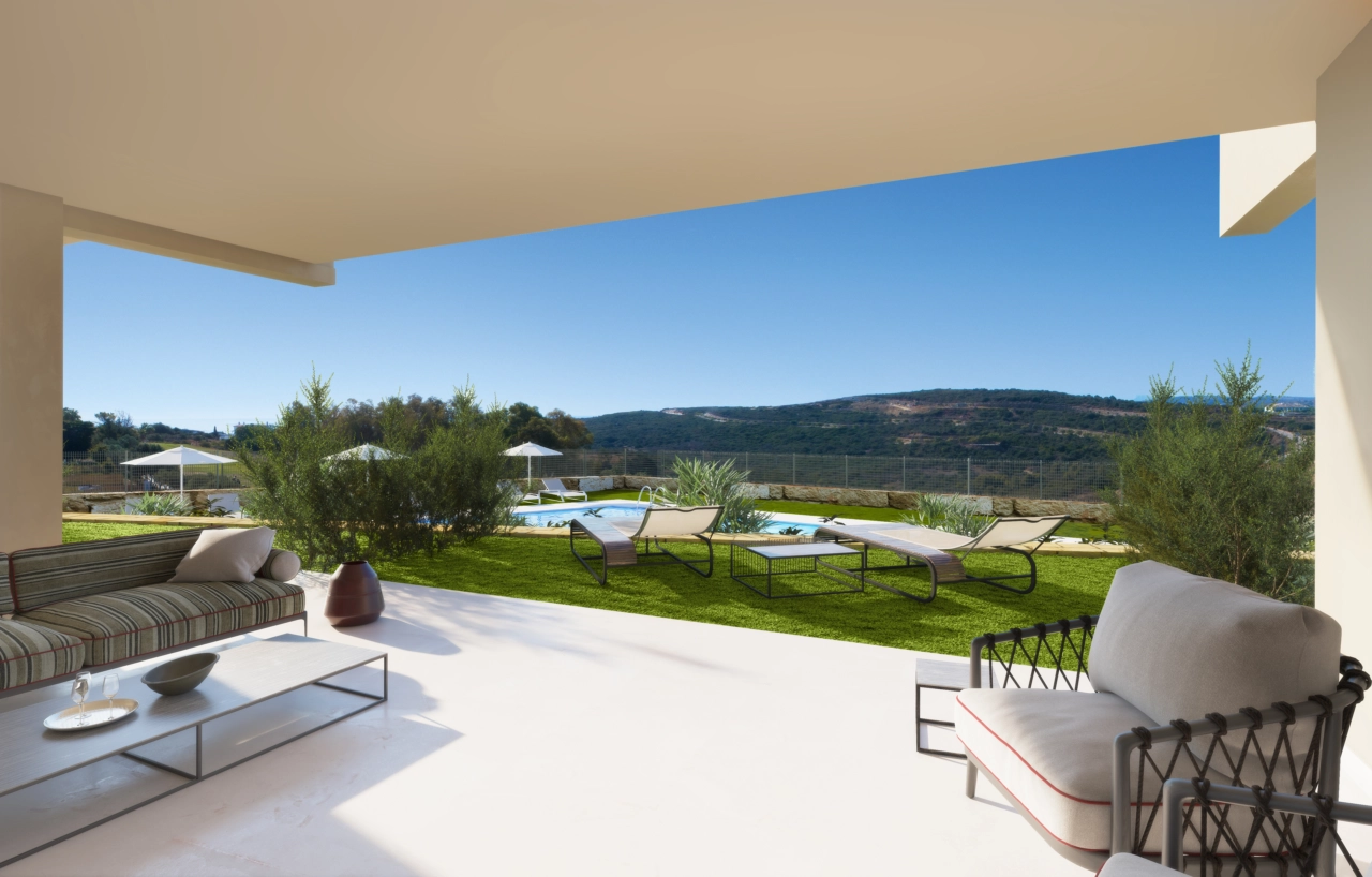 Los apartamentos de planta baja cuentan con amplias terrazas y jardines privados, extendiendo su espacio vital al hermoso exterior.