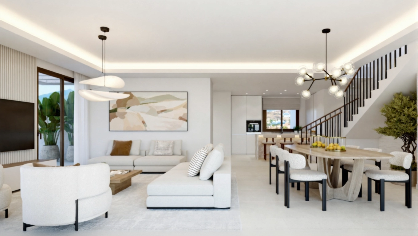 Interiores elegantes que combinan un diseño moderno con un ambiente cálido y acogedor para relajarse y socializar.