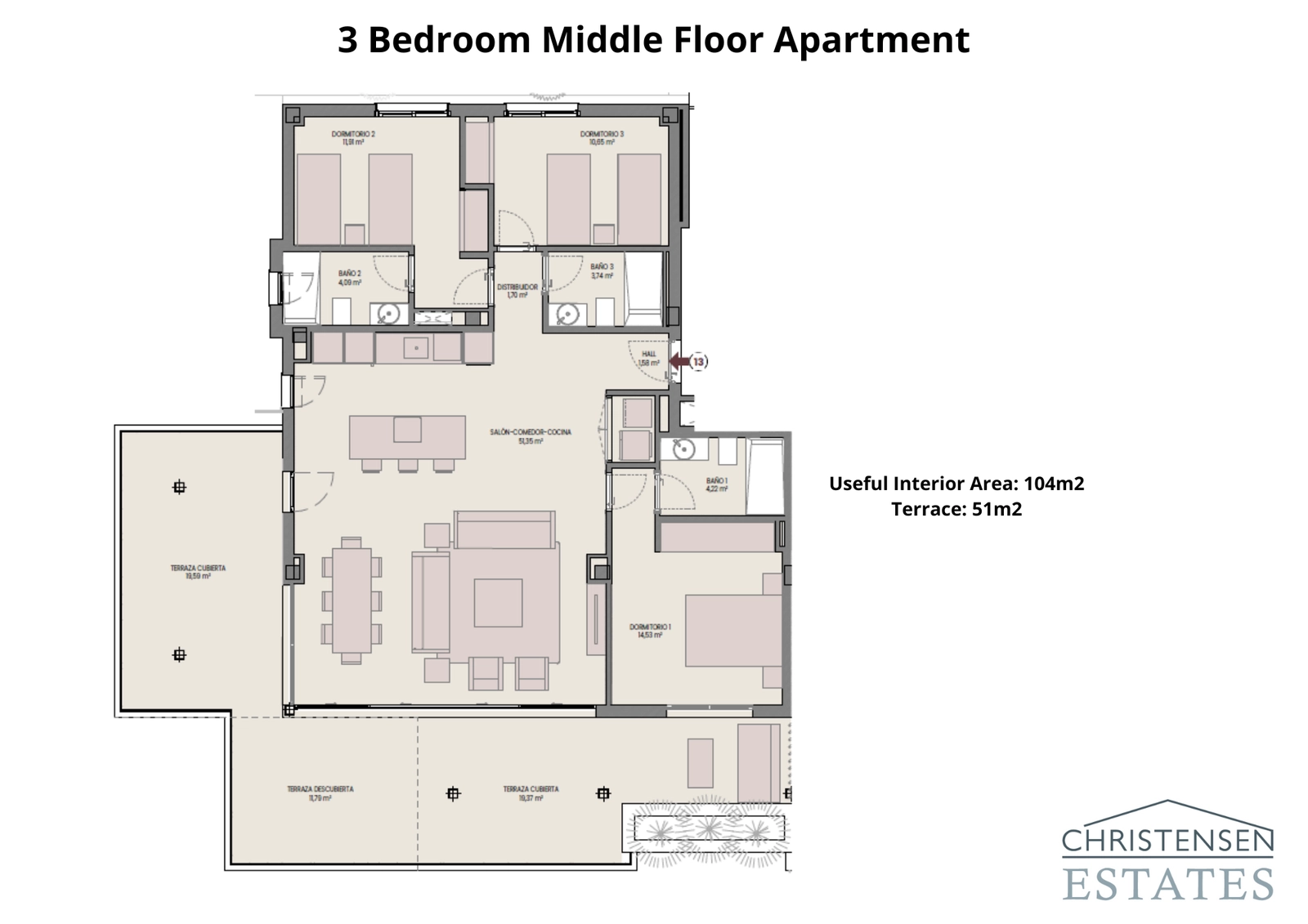 La distribución de este apartamento de tres dormitorios en planta intermedia cuenta con una sala de estar de planta abierta y una generosa terraza para disfrutar de las vistas y el clima.