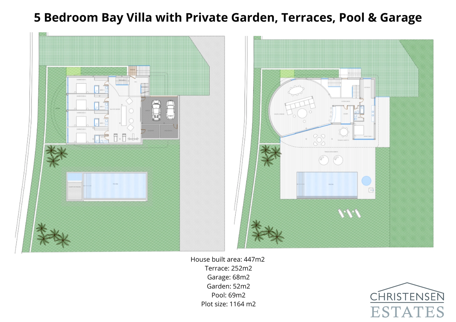 Este plano detallado muestra la distribución inteligente de la villa de cinco dormitorios, diseñada para el confort y una fluidez perfecta entre los amplios interiores, las terrazas y el jardín privado.