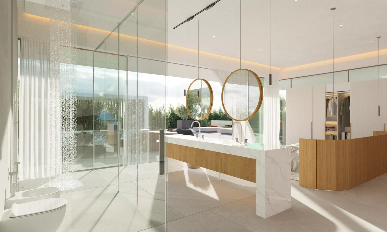 Un lujoso cuarto de baño con ducha a ras de suelo y vistas directas a la terraza exterior.