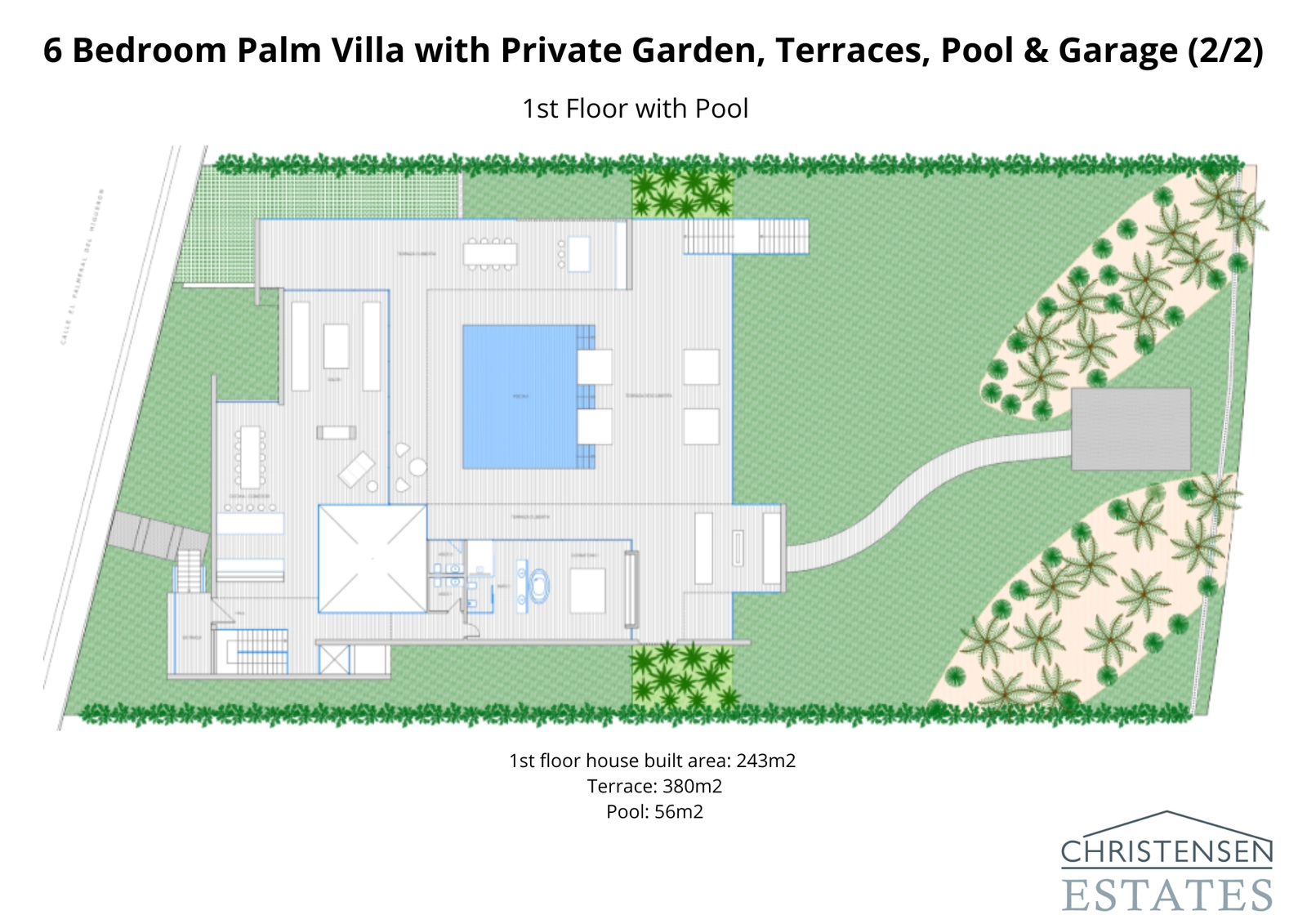 Plano de la primera planta que muestra los espacios principales, la suite principal y una amplia terraza con piscina, diseñado para una vida interior-exterior fluida.