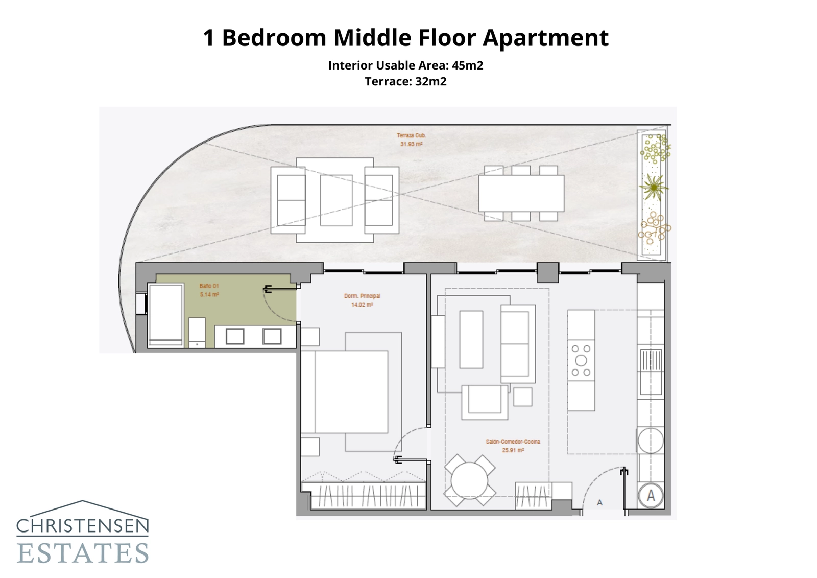 Plano de un elegante apartamento de 1 dormitorio. El diseño presenta una distribución inteligente que maximiza los 45 m² interiores y se conecta a una generosa terraza de 32 m² para una perfecta vida interior-exterior.