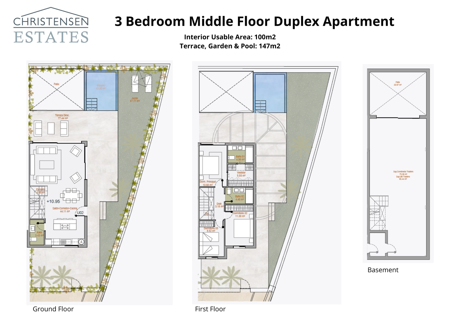 Este diseño dúplex de 3 dormitorios ofrece 100 m² de espacio habitable en dos plantas, más un sótano. Incluye una vasta zona exterior de 147 m² con jardín y piscina privados.