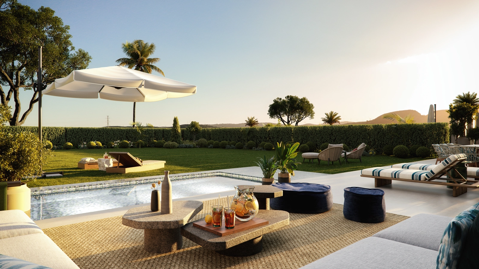 Algunas viviendas en planta baja cuentan con jardines privados y piscinas para una relajación total.