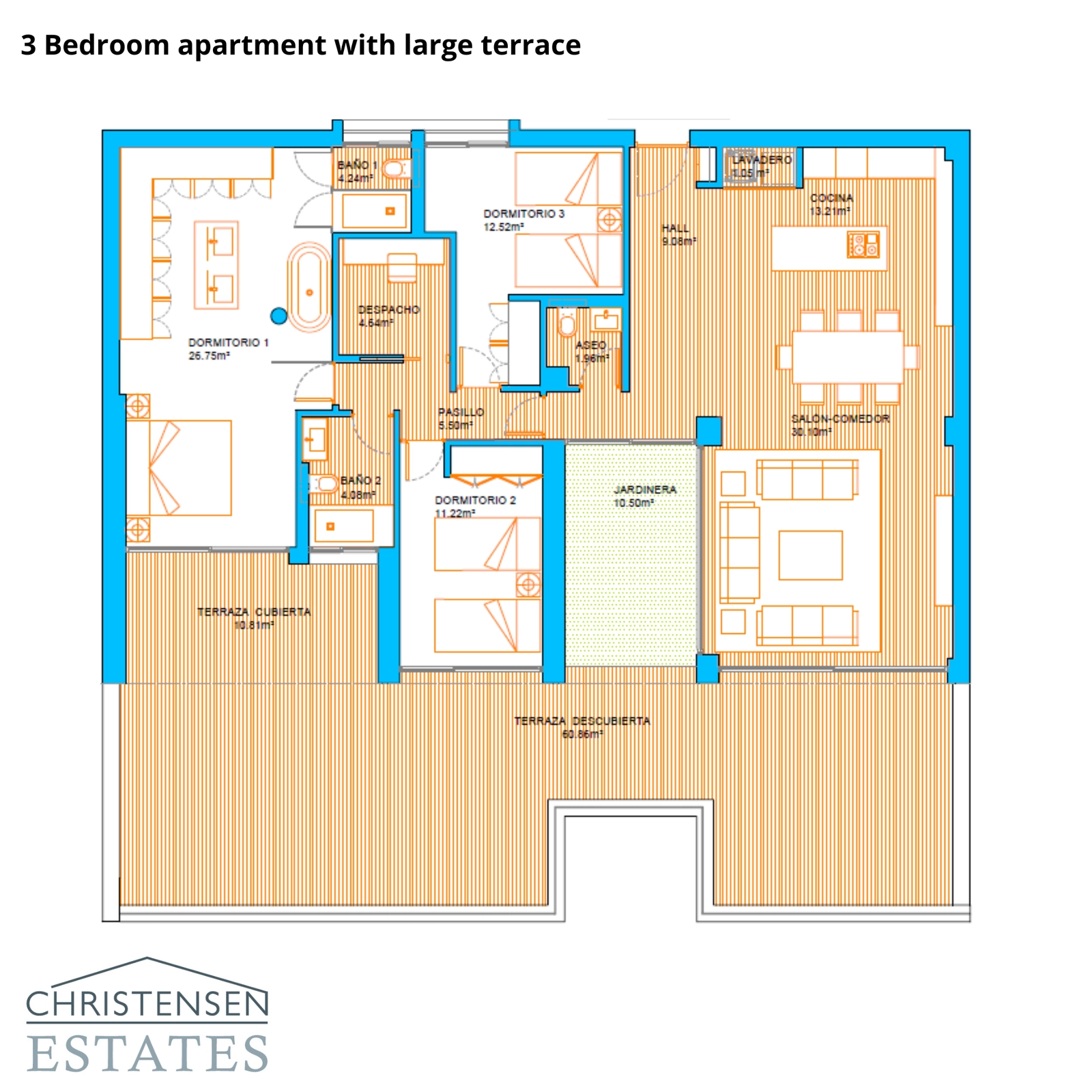 Un piso de tres dormitorios bien distribuido, que ofrece amplios espacios interiores y una extensa terraza para relajarse y entretener.