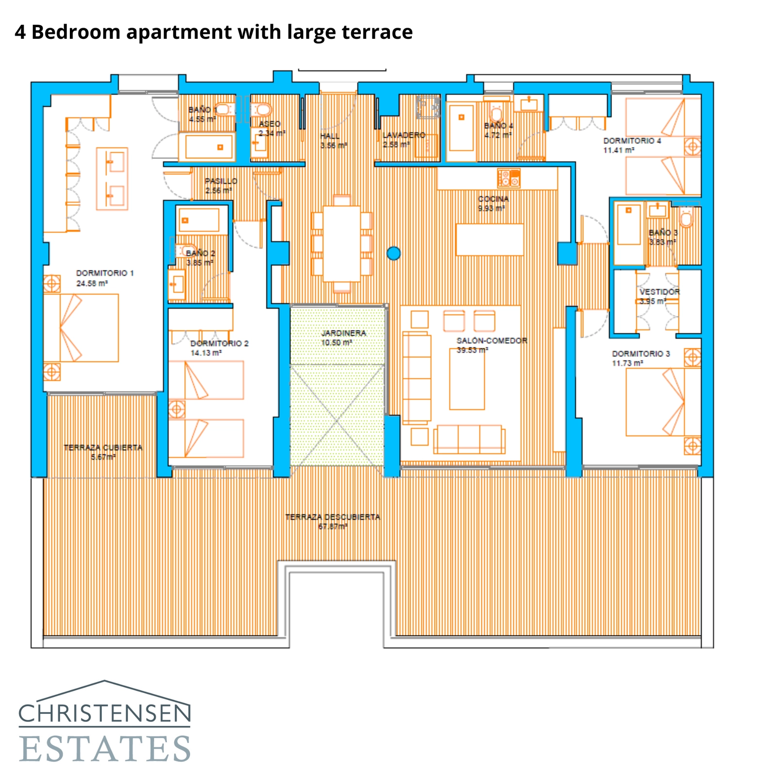 La planta de cuatro dormitorios ofrece un amplio espacio para la vida familiar, con una distribución inteligente que maximiza la luz y la privacidad.