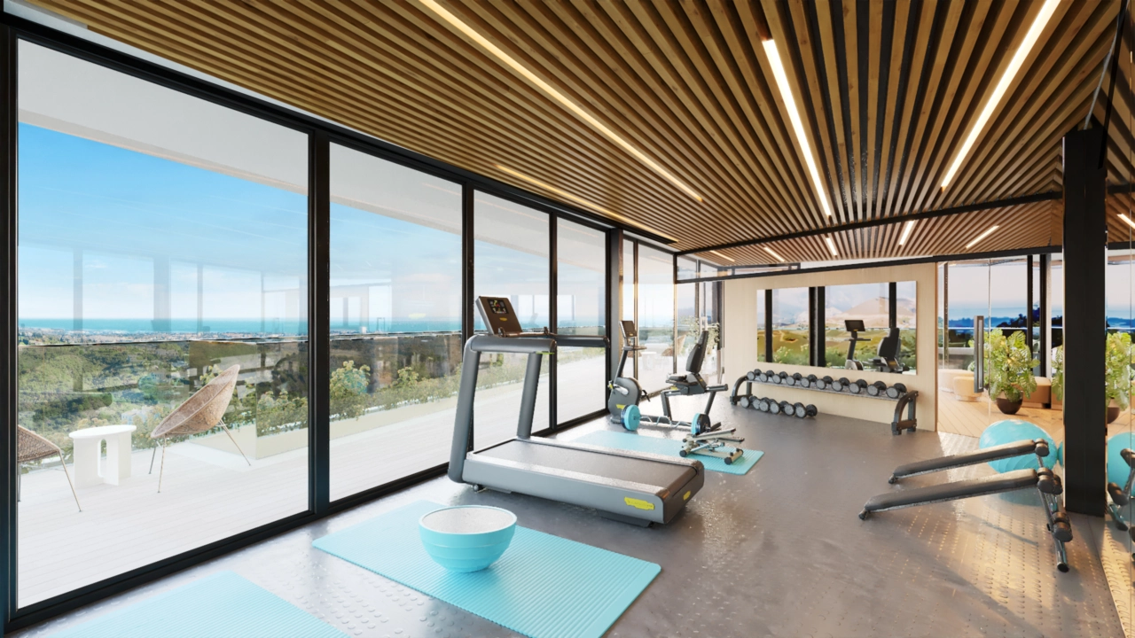 El gimnasio moderno y totalmente equipado ofrece vistas impresionantes para disfrutar durante su entrenamiento.
