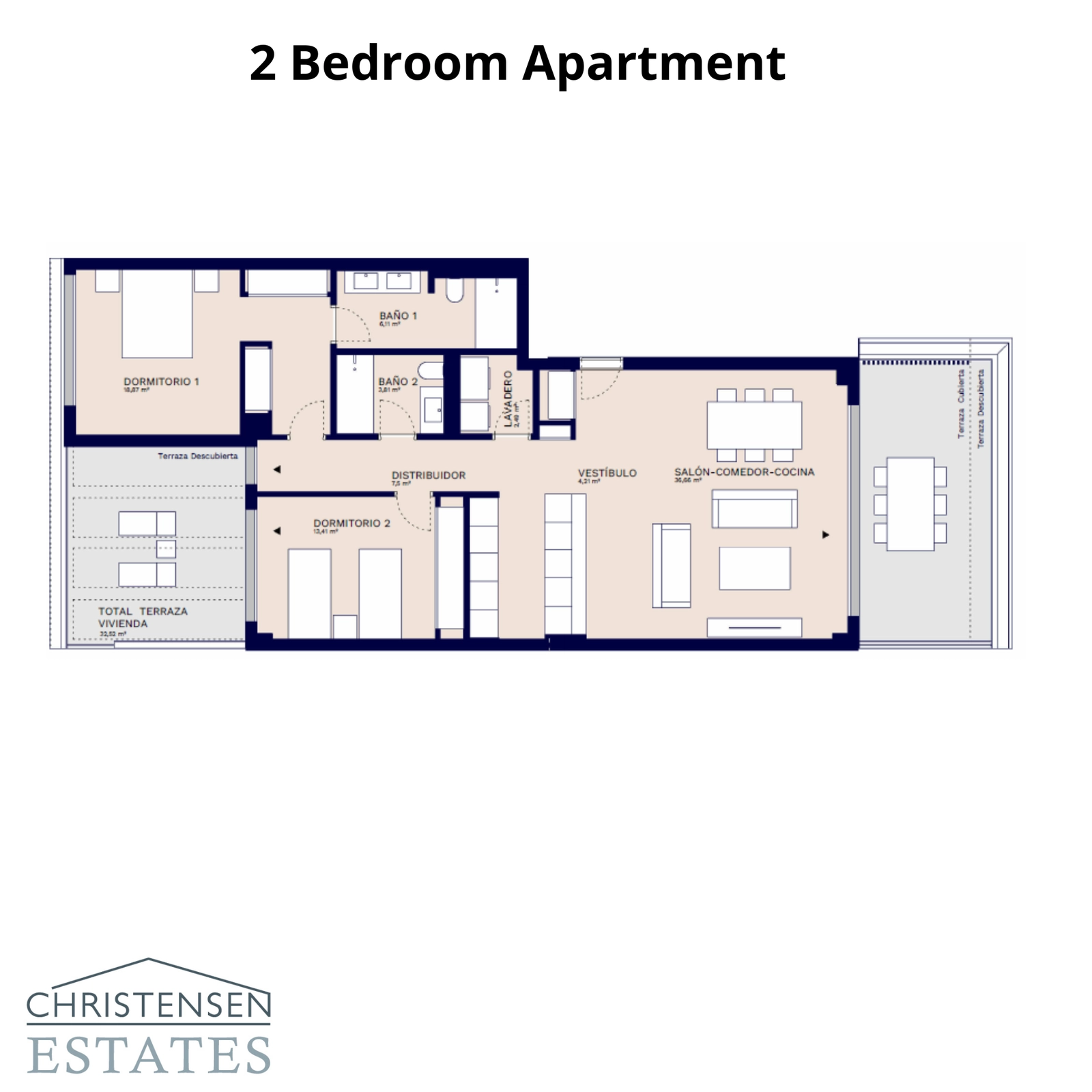 Este plano muestra la distribución de un apartamento de dos dormitorios, diseñado para el confort con una amplia terraza.