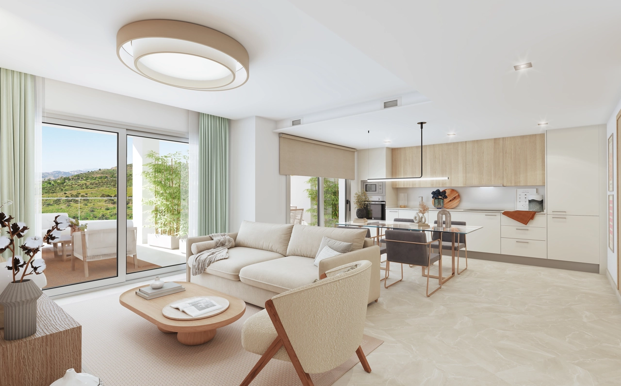 La luminosa y espaciosa zona de estar de planta abierta, que se conecta sin problemas con la terraza para una perfecta vida interior-exterior.