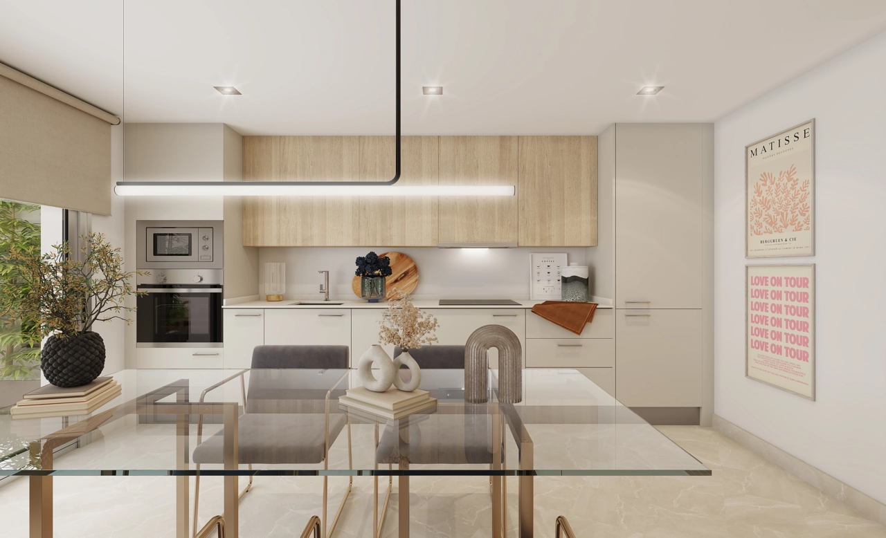 Una cocina moderna y totalmente equipada con electrodomésticos de alta calidad, diseñada tanto para la funcionalidad como para el estilo.