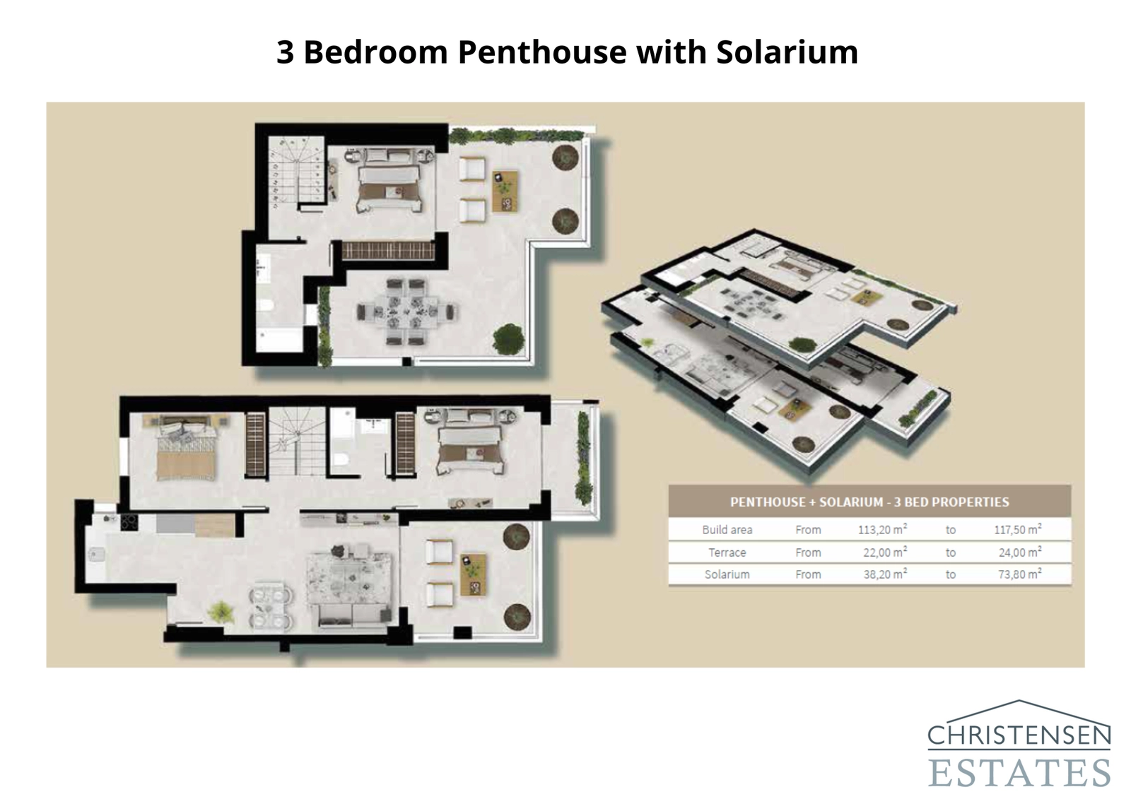 Ático de tres dormitorios con solárium: La vivienda más espaciosa, con tres confortables dormitorios y un magnífico solárium privado con vistas panorámicas.